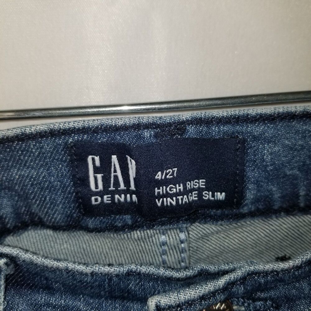 GAP High Rise Vintage Slim Jeans Size 4R 27 Dark Villa Wash Blue Stretch Denim - Picture 3 of 11